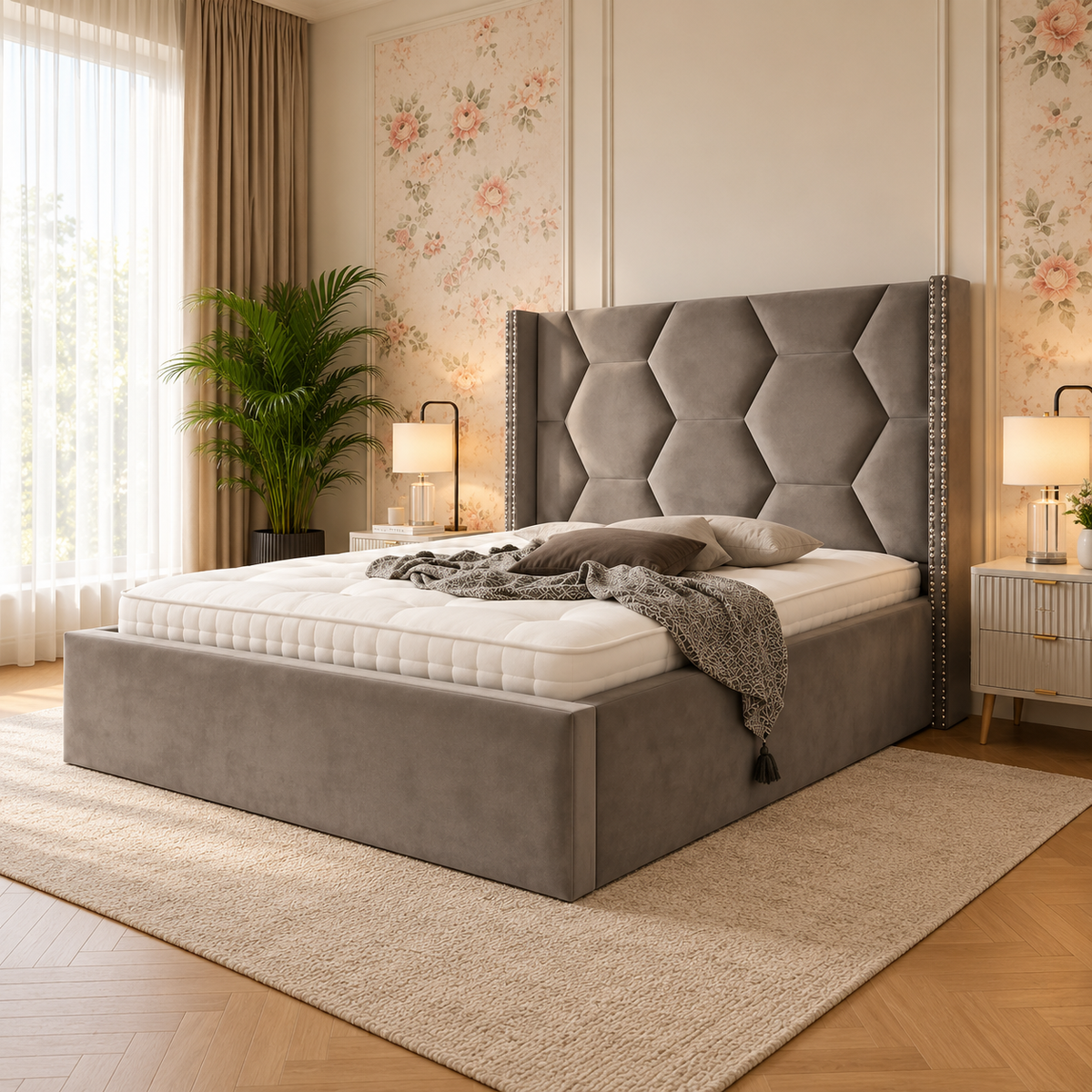 Alora Premium Upholstered Bed Frame, opposite angle – room visualisation