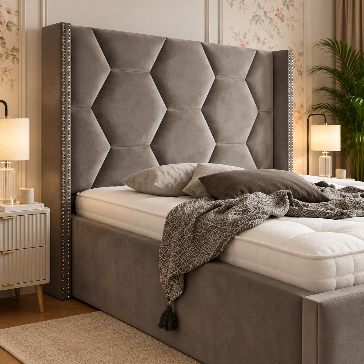 Alora Premium Upholstered Bed Frame, headboard detail – room visualisation