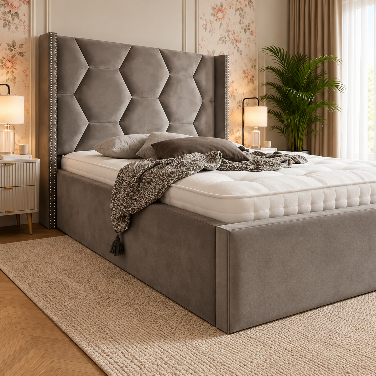 Alora Premium Upholstered Bed Frame, footboard and side detail – room visualisation