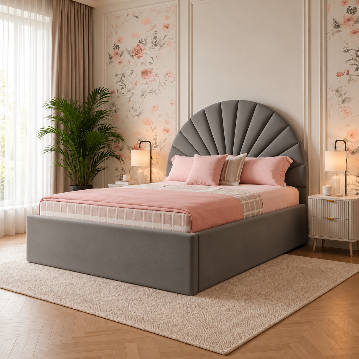 Amara Luxury Fabric Bed Frame, opposite angle – room visualisation