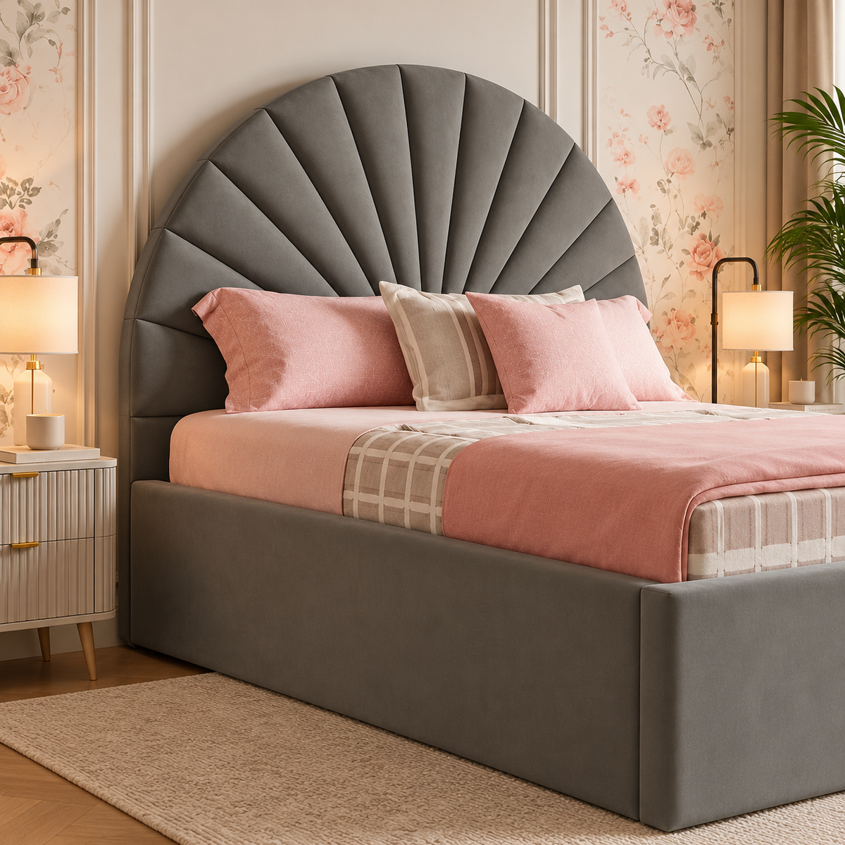 Amara Luxury Fabric Bed Frame, headboard detail – room visualisation