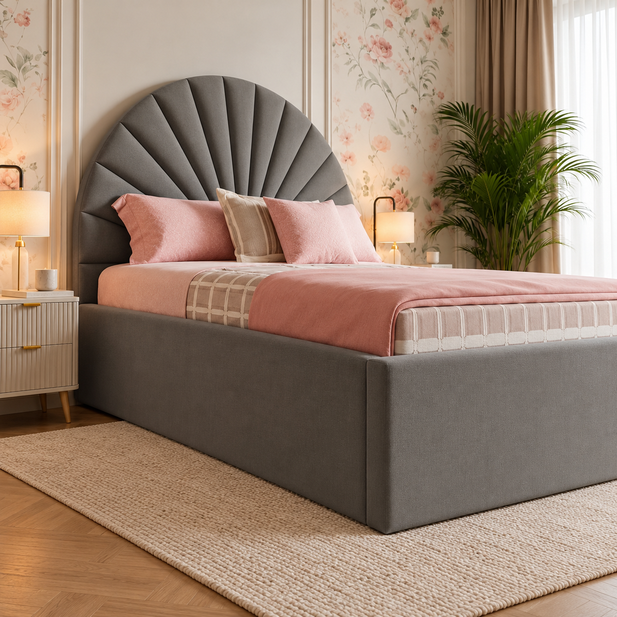 Amara Luxury Fabric Bed Frame, footboard and side detail – room visualisation