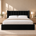 Ashford upholstered wingback bed in Black Plush with shorter headboard, front view – visualisation