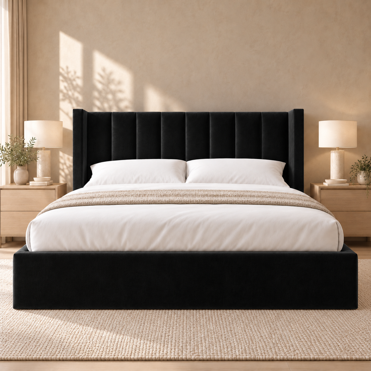 Ashford upholstered wingback bed in Black Plush with shorter headboard, front view – visualisation
