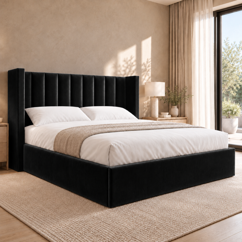 Ashford upholstered wingback bed in Black Plush with shorter headboard, opposite angle – visualisation