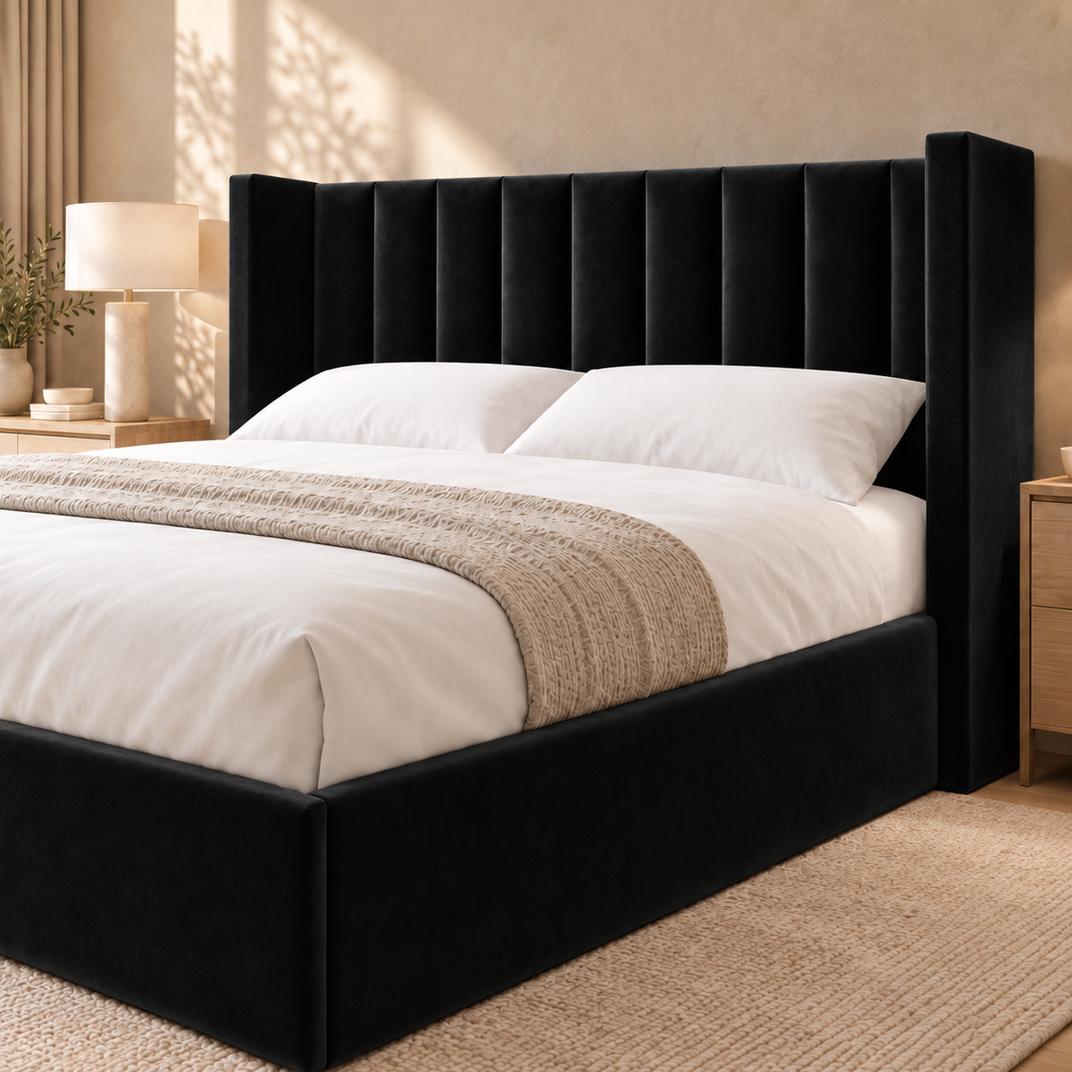 Ashford upholstered wingback bed in Black Plush with shorter headboard, headboard detail – visualisation