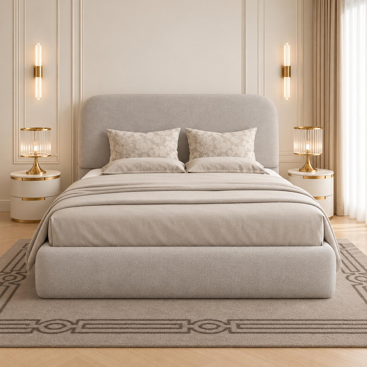 Aurelia Luxury Upholstered Bed Frame, front view – room visualisation