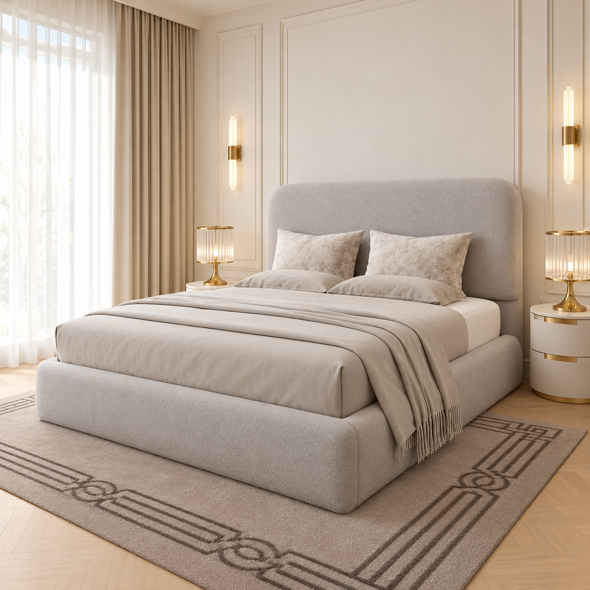 Aurelia Luxury Upholstered Bed Frame, opposite angle – room visualisation