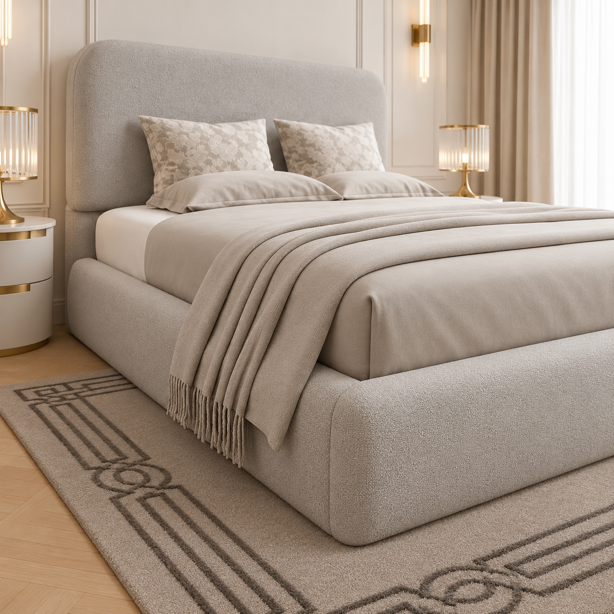 Aurelia Luxury Upholstered Bed Frame, footboard and side detail – room visualisation