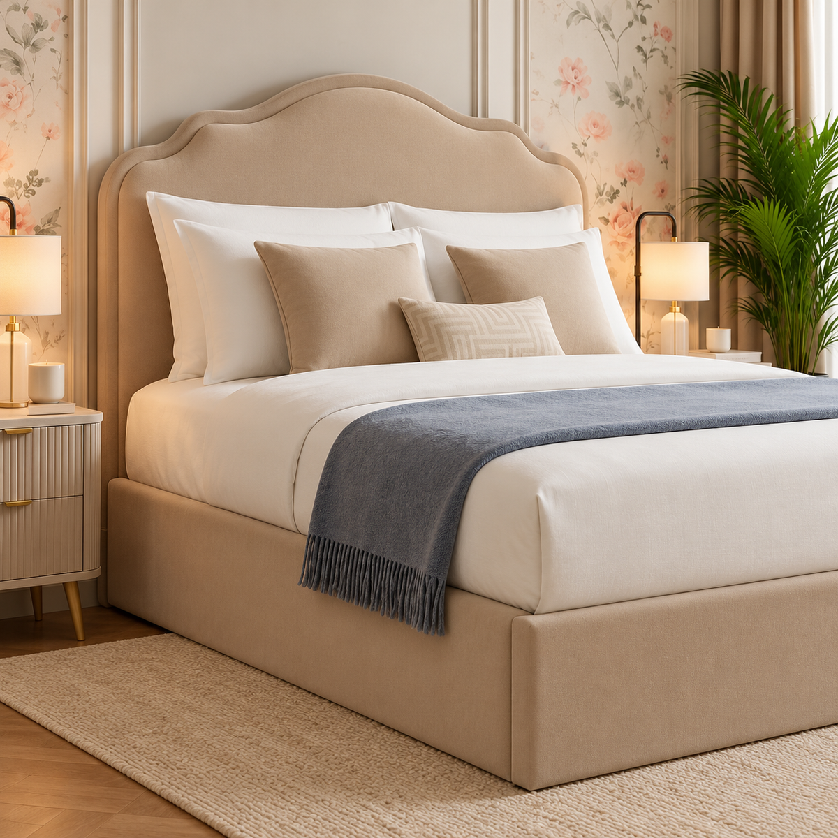 Avellina Luxury Fabric Bed Frame, headboard detail – room visualisation