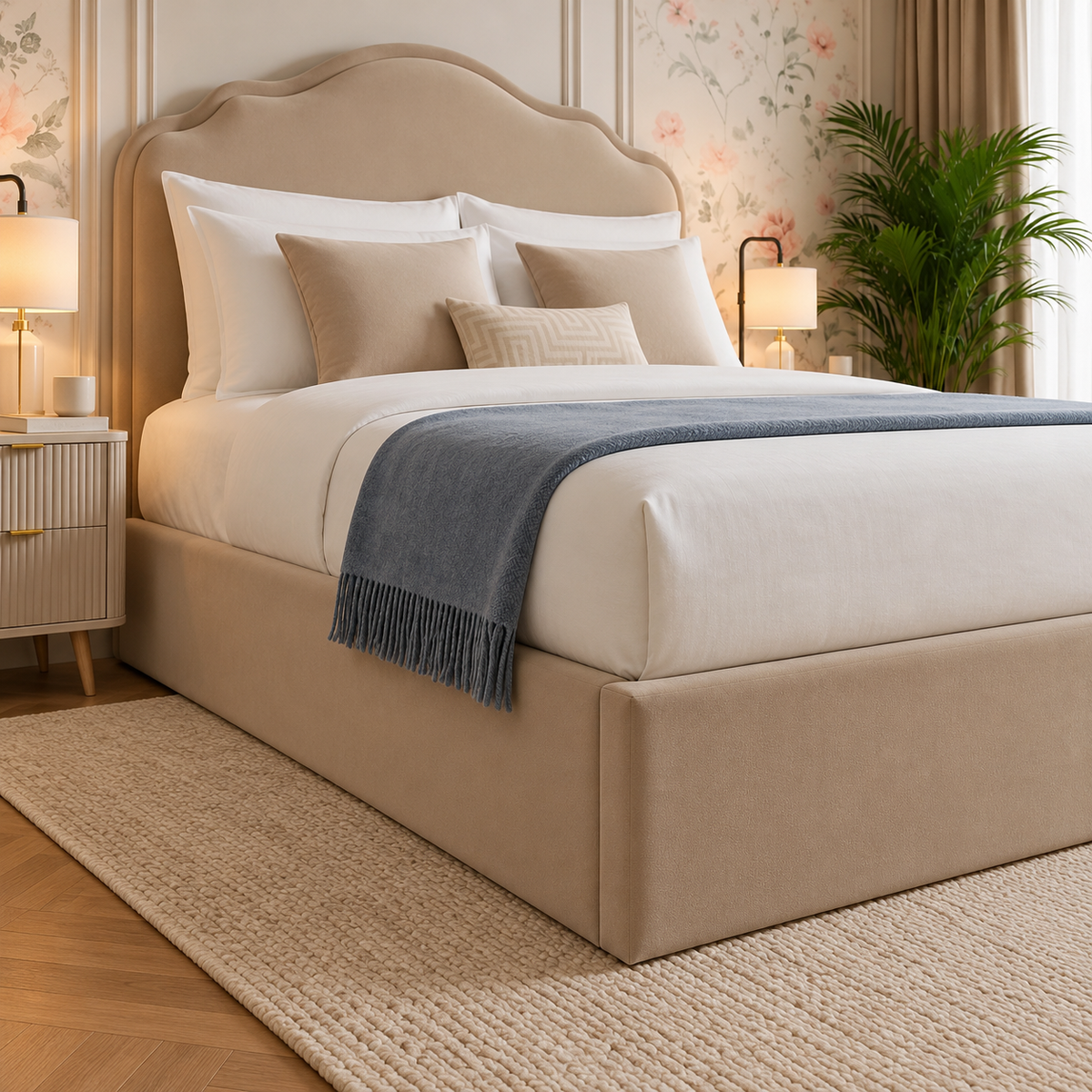 Avellina Luxury Fabric Bed Frame, footboard and side detail – room visualisation