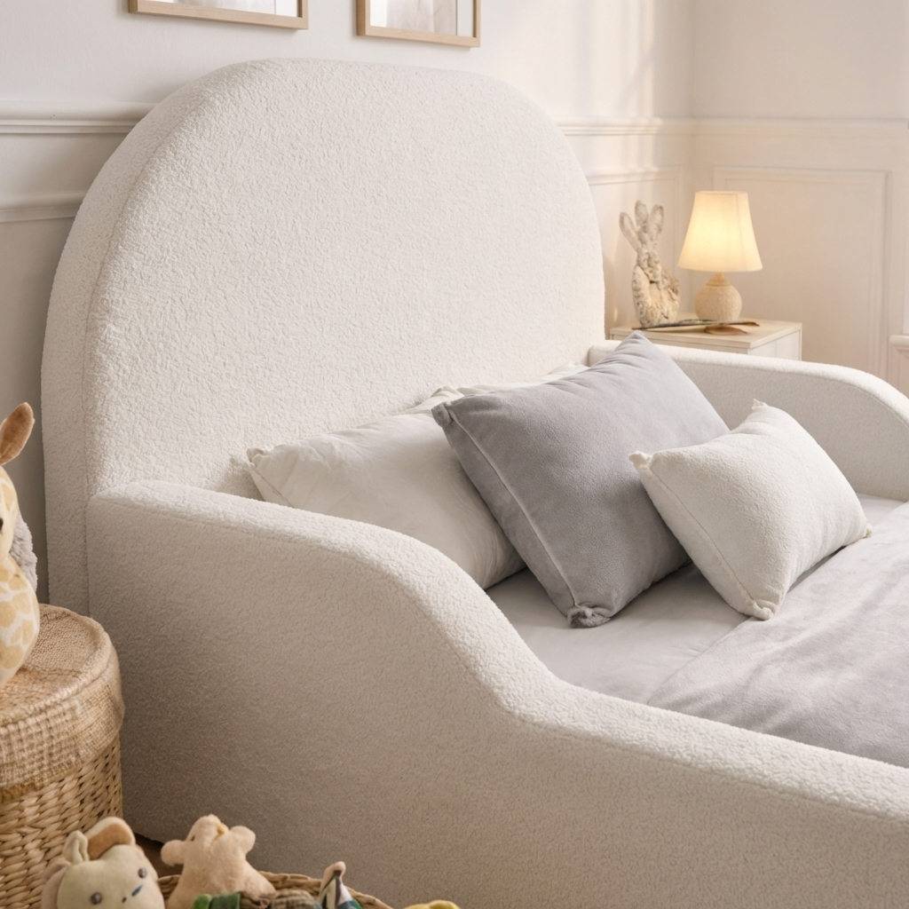 Soft bouclé fabric detail on LunaNest kids bed frame