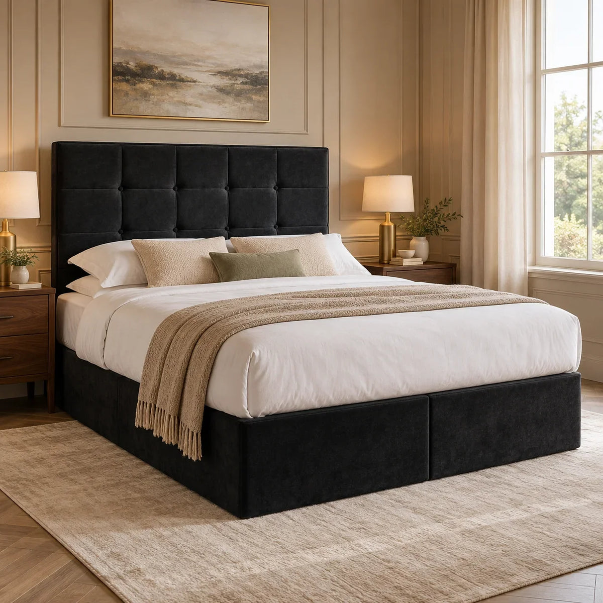 Bramley Buttoned Upholstered Divan Bed in black plush velvet, three-quarter bedroom view – design visualisation