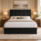 Bramley Buttoned Upholstered Divan Bed in black plush velvet, centred front bedroom view – design visualisation