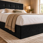 Bramley Buttoned Upholstered Divan Bed in black plush velvet, substantial upholstered base and side detail – design visualisation