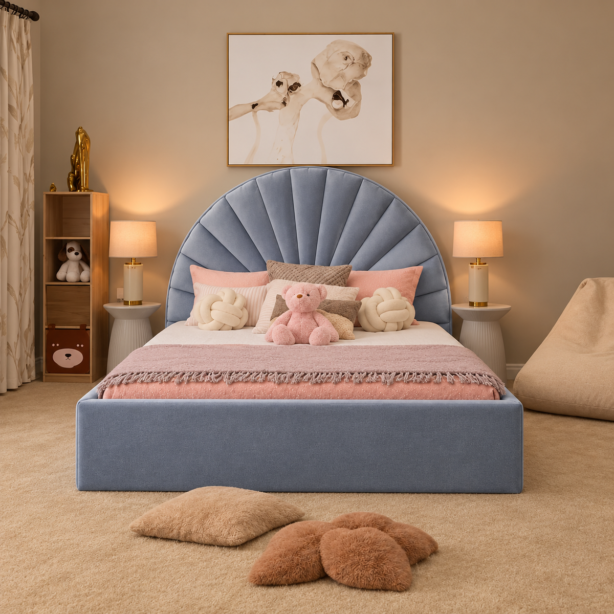 Buttercup Kids Upholstered Bed Frame, front view – room visualisation