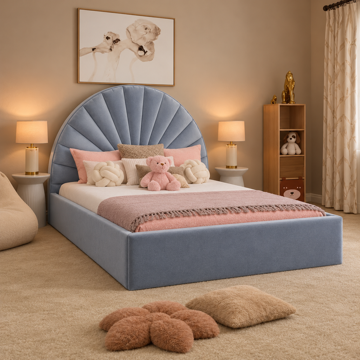 Buttercup Kids Upholstered Bed Frame, opposite angle – room visualisation