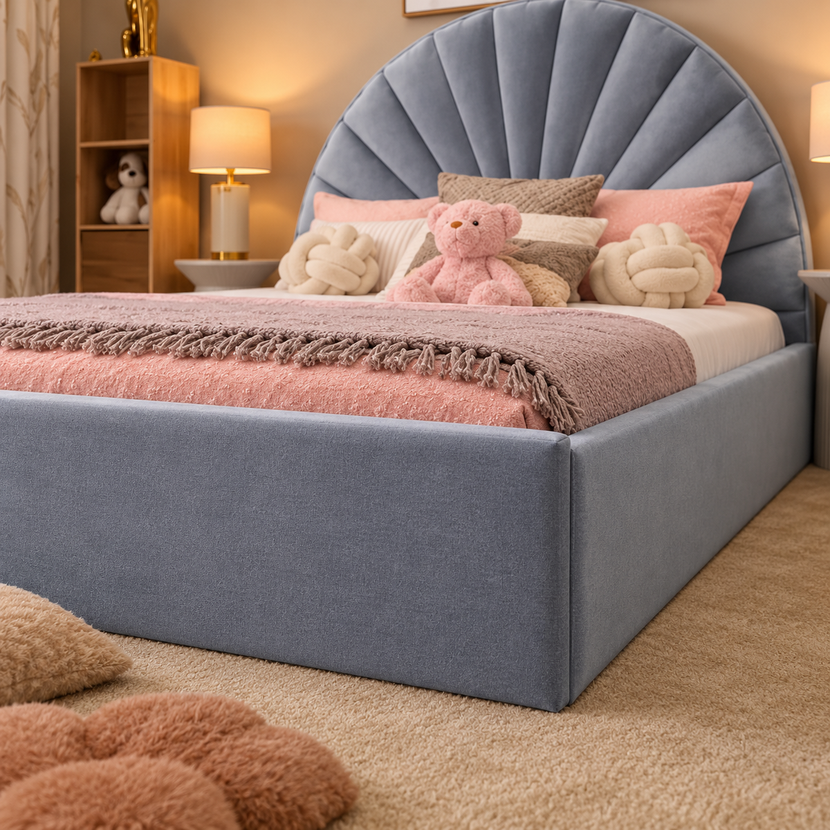 Buttercup Kids Upholstered Bed Frame, footboard and side detail – room visualisation