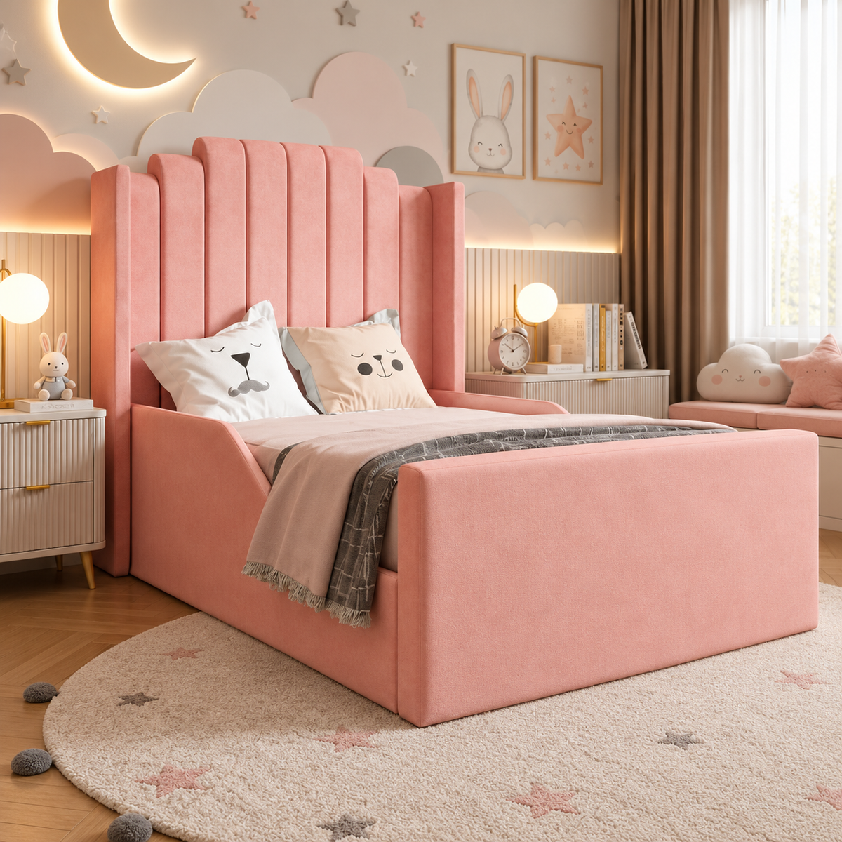 Cloudberry Kids Upholstered Bed, footboard and side detail – room visualisation