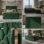 Collage of a green upholstered bed in a modern bedroom setting with large windows.