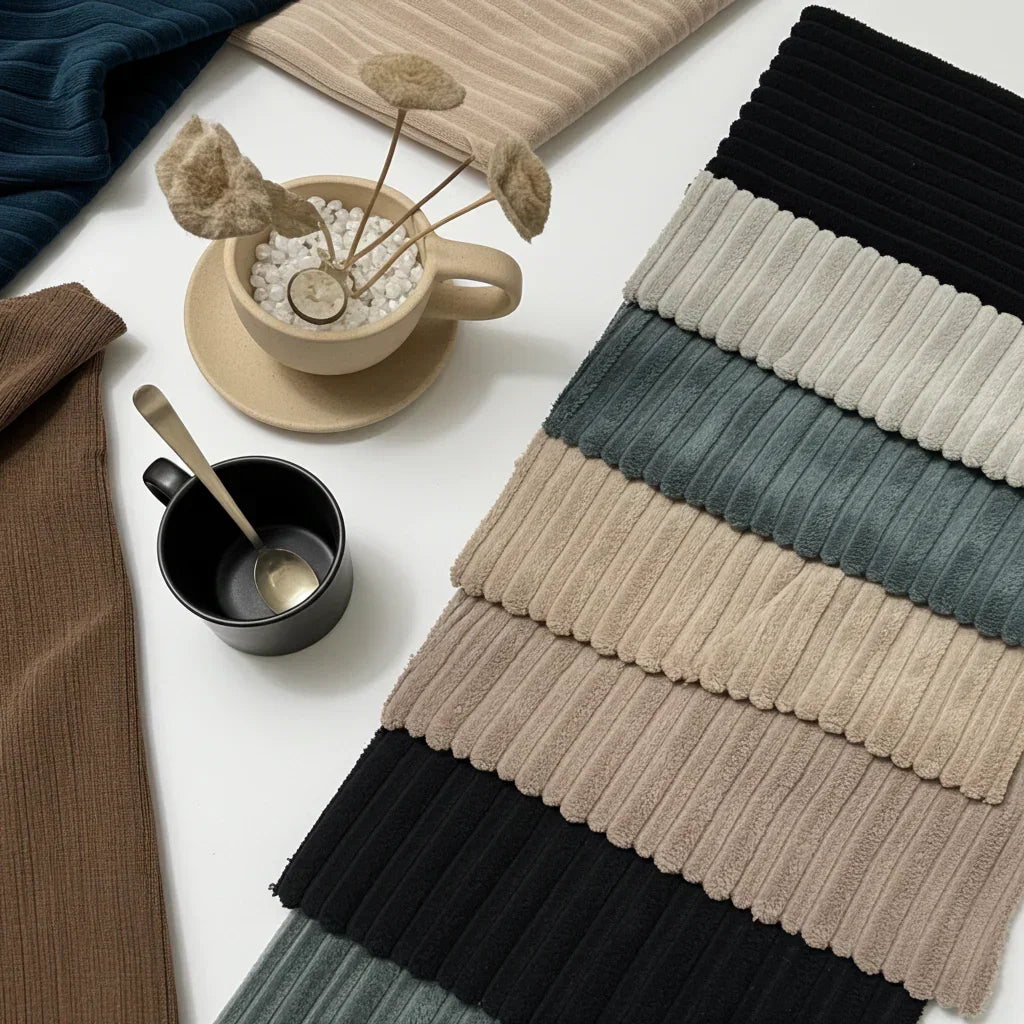 Assorted ribbed fabric swatches in neutral and earthy tones displayed on a table with coffee cups and dried florals.