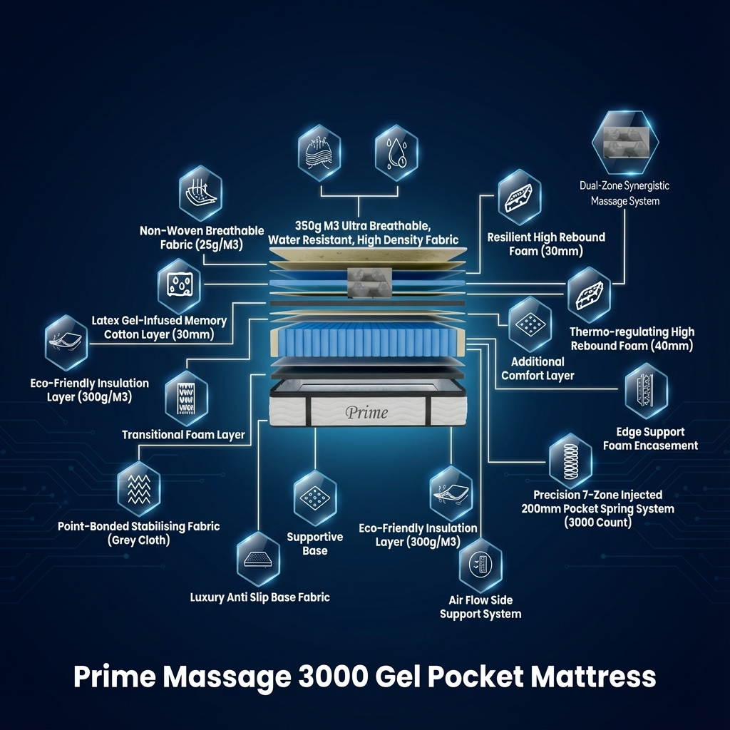 Prime Massage Mattress – 3000 Pocket Gel Springs & Integrated Kneading Massage Function