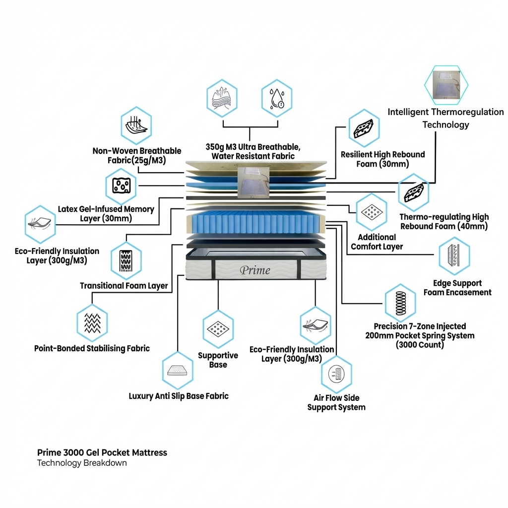 Prime Heated 3000 Gel Pocket Mattress – Smart Heat Zones & Timer-Controlled Warmth