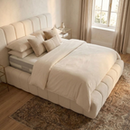 Modern 2026 Cloud Bed with ultra comfort upholstered bed frame in neutral fabric, showcasing its plush headboard and sturdy construction.