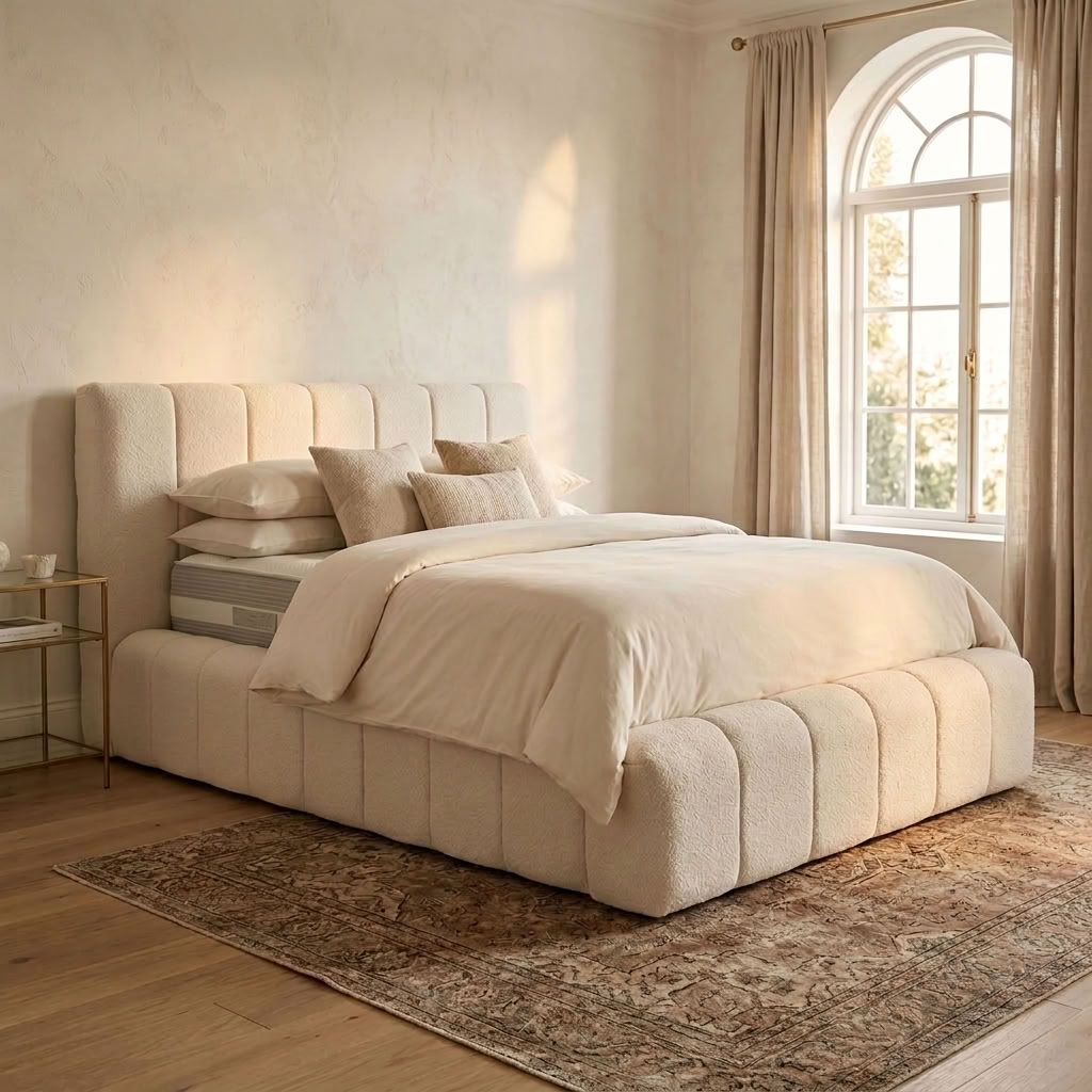 Ultra comfort upholstered 2026 Cloud Bed frame by UK Beds Direct ltd, showcasing a plush, modern bed with soft fabric upholstery.