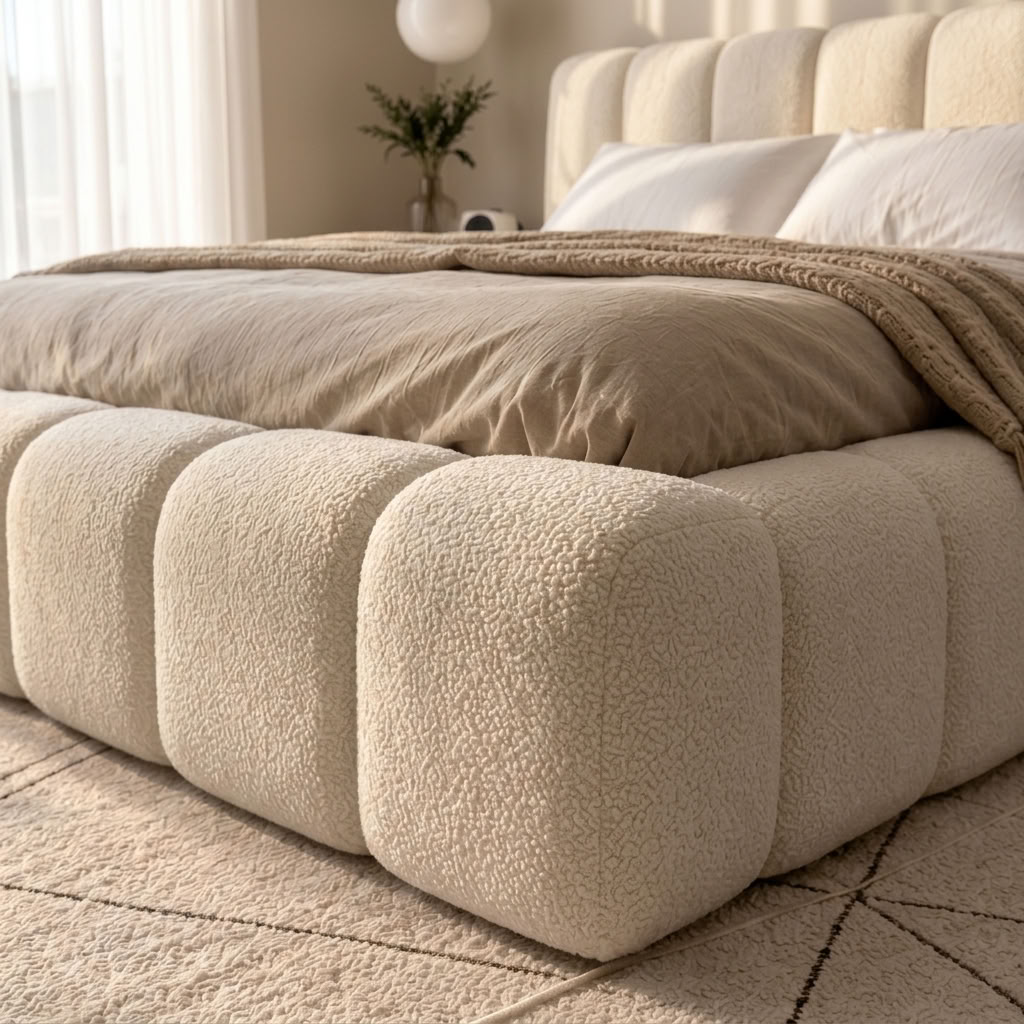 A close-up of a modern bed with a chunky, tufted upholstered frame in a warm cream bouclé fabric, dressed in neutral beige bedding and a textured throw blanket, set in a softly lit bedroom.