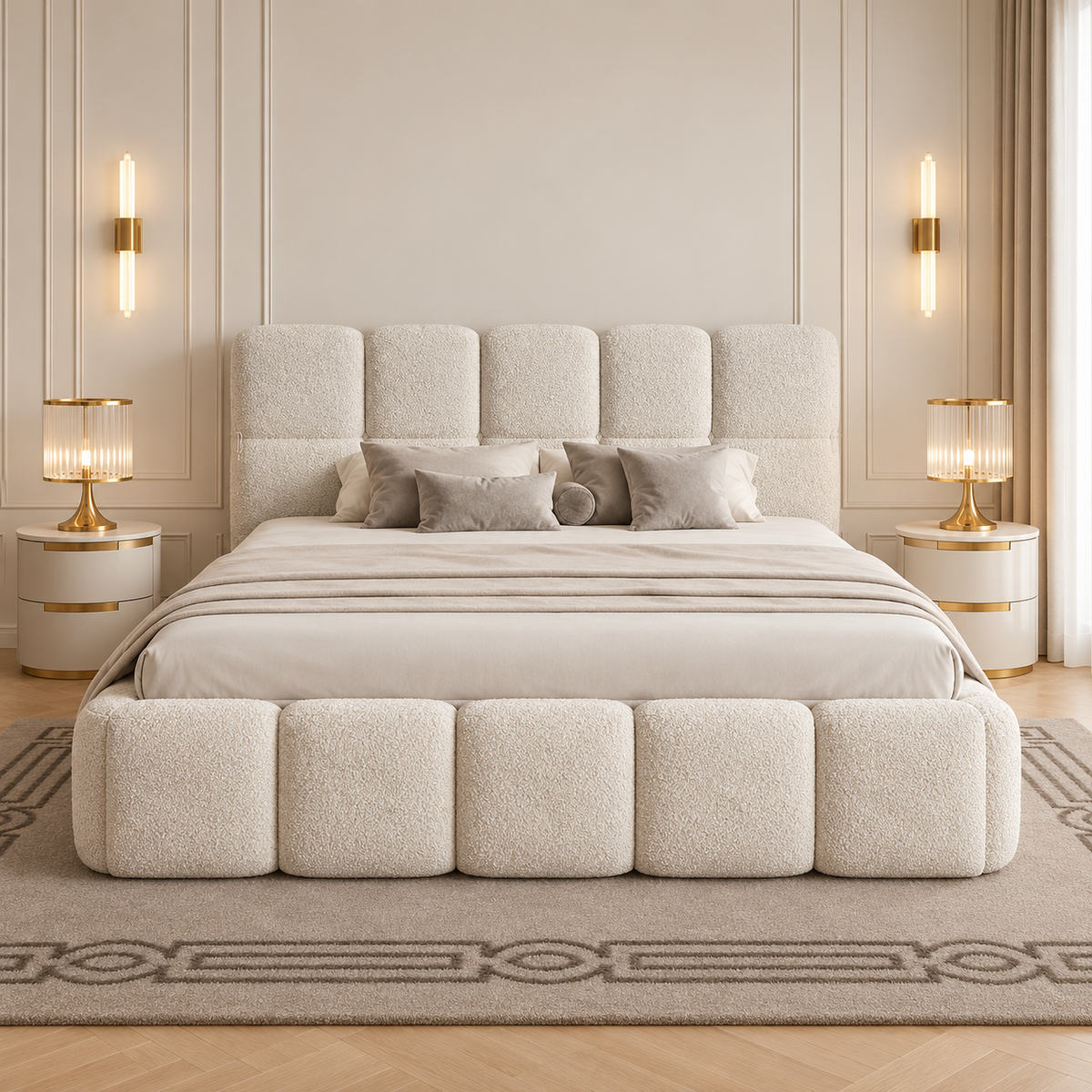 Elara Luxury Fabric Bed Frame, front view – room visualisation