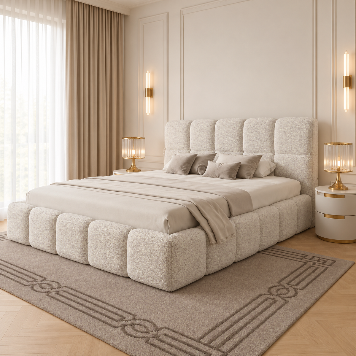 Elara Luxury Fabric Bed Frame, opposite angle – room visualisation