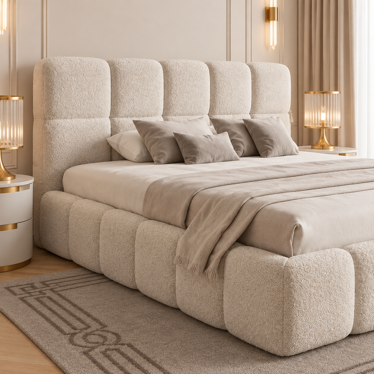 Elara Luxury Fabric Bed Frame, headboard detail – room visualisation