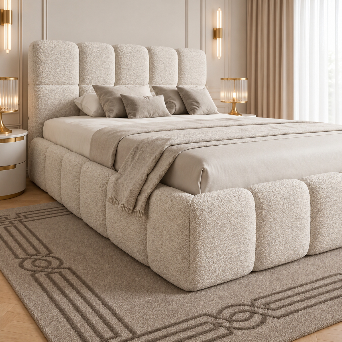 Elara Luxury Fabric Bed Frame, footboard and side detail – room visualisation