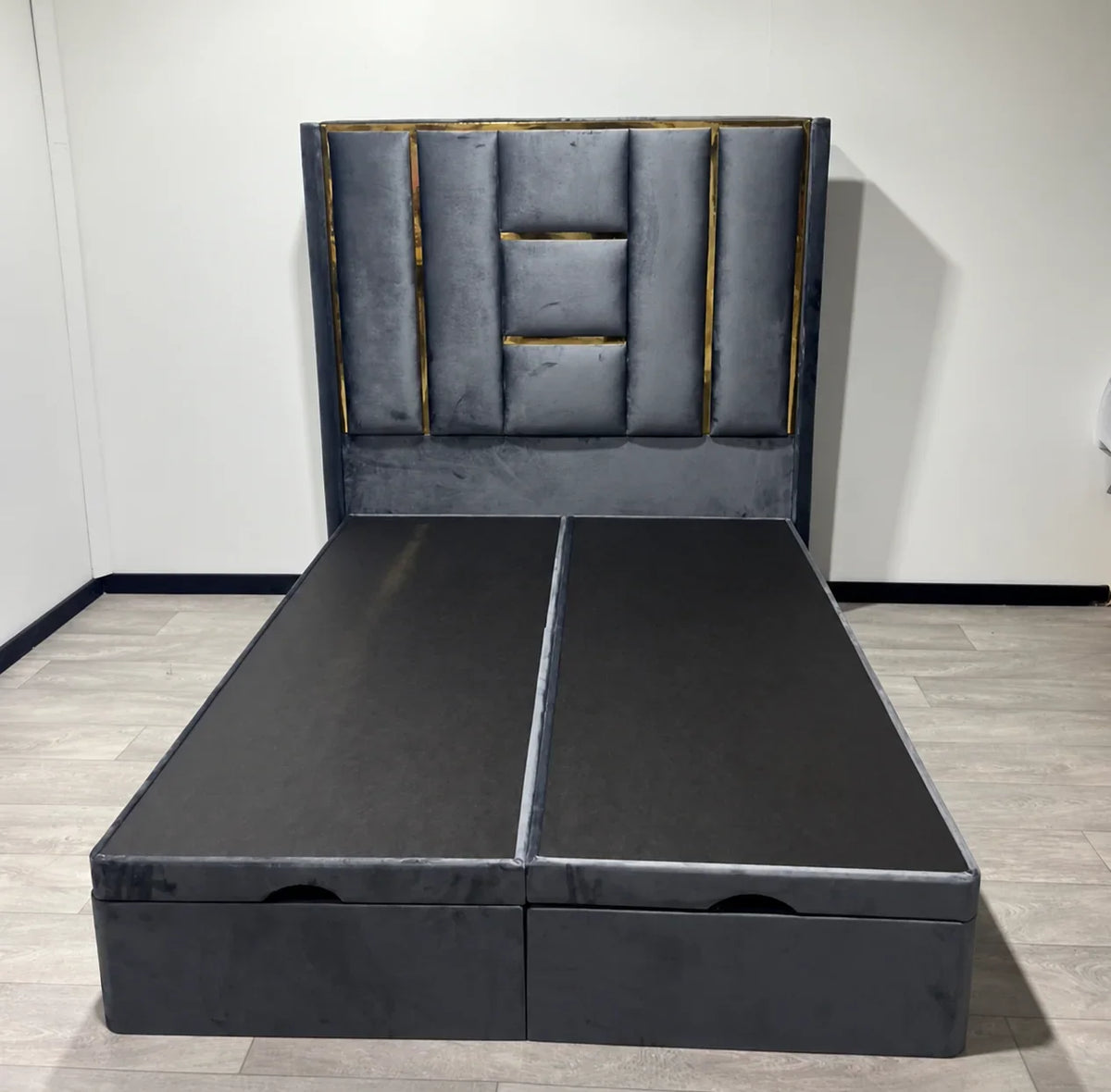 Luxe Panel Upholstered Bed Frame with Gold Detailing