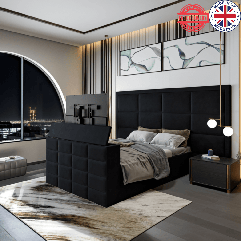 Nero Tufted Upholstered TV Bed in Black with Integrated TV Lift – UK Beds Direct