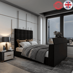 Modern bedroom featuring a upholstered TV bed with cube-stitched headboard and UK Beds Direct logo on the wall