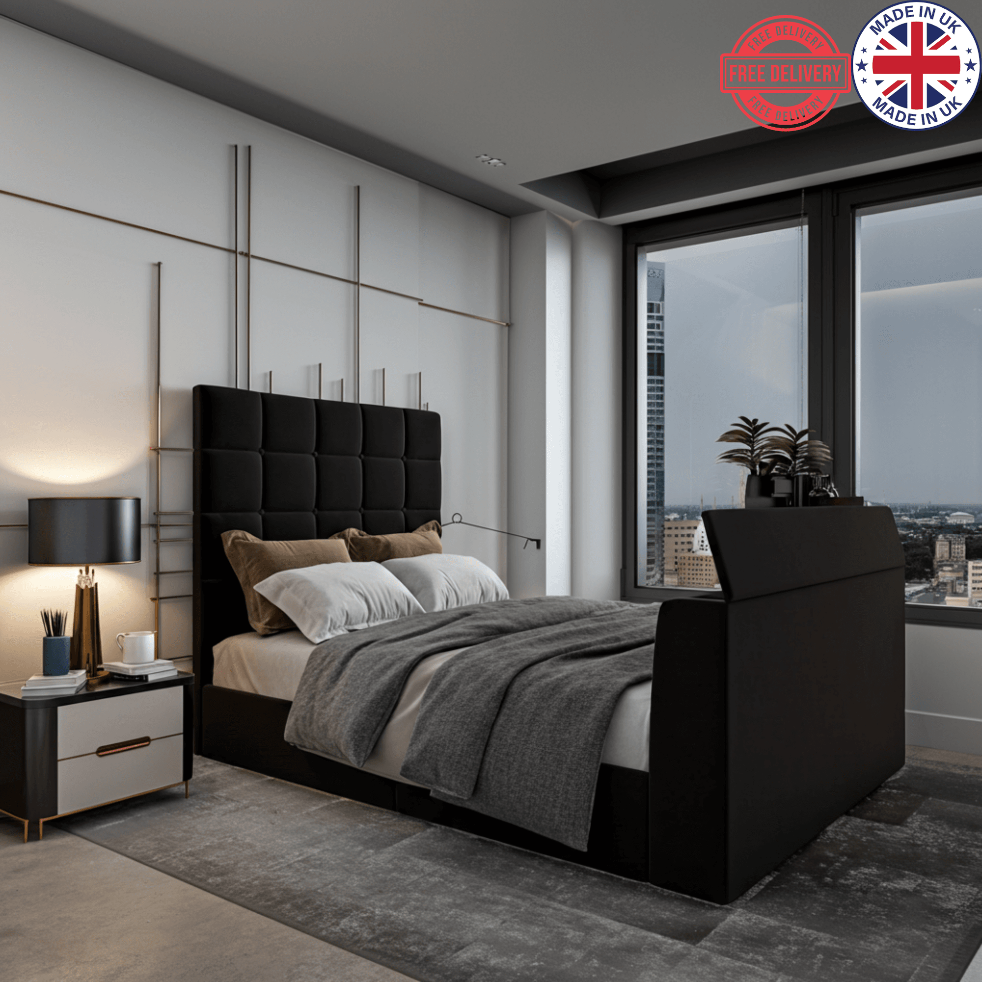 Modern bedroom featuring a upholstered TV bed with cube-stitched headboard and UK Beds Direct logo on the wall