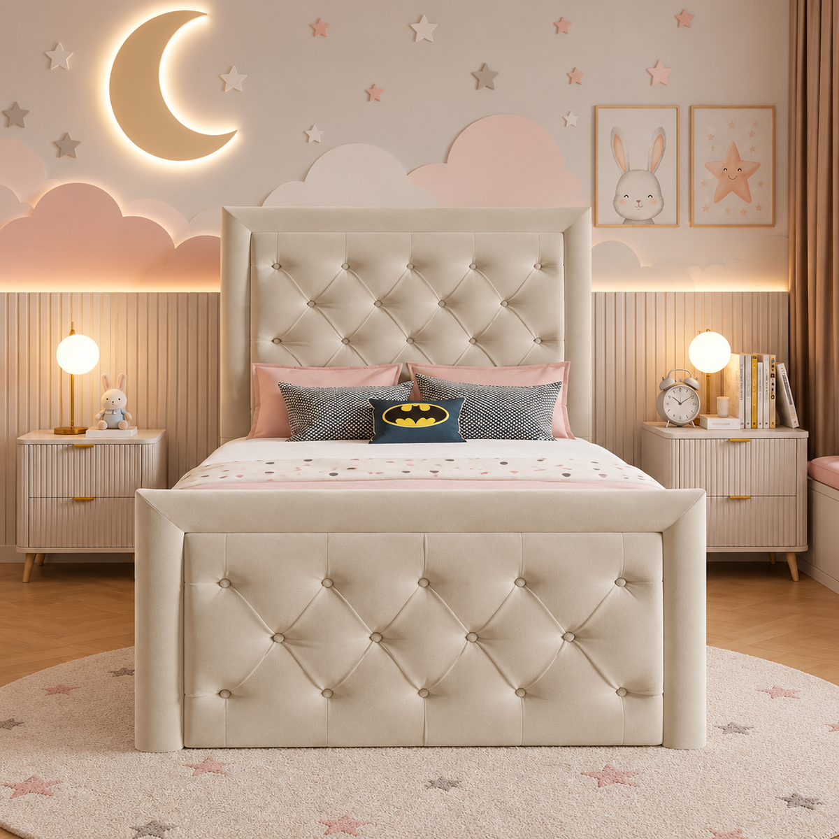 Honeybell Kids Fabric Bed Frame, front view – room visualisation