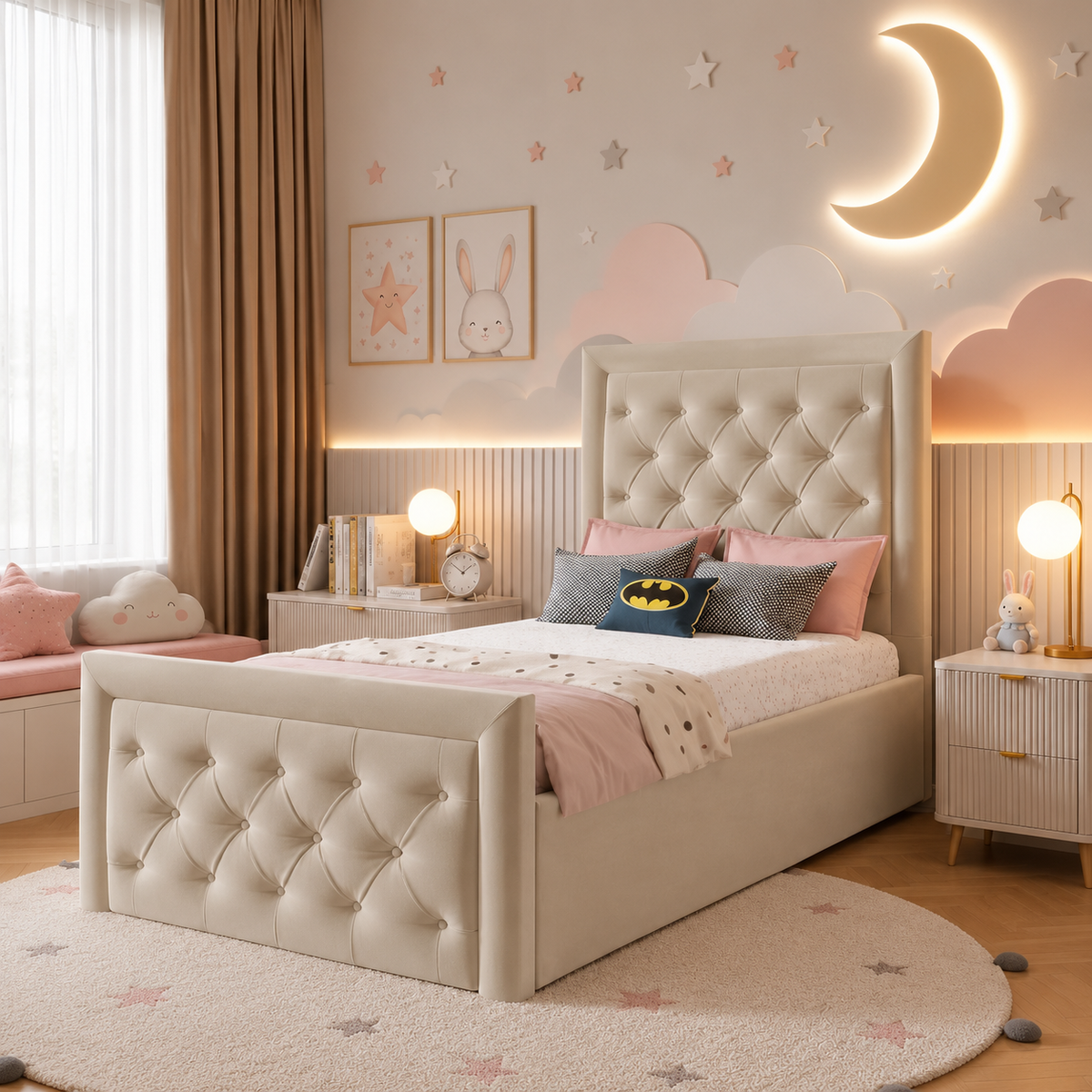 Honeybell Kids Fabric Bed Frame, opposite angle – room visualisation