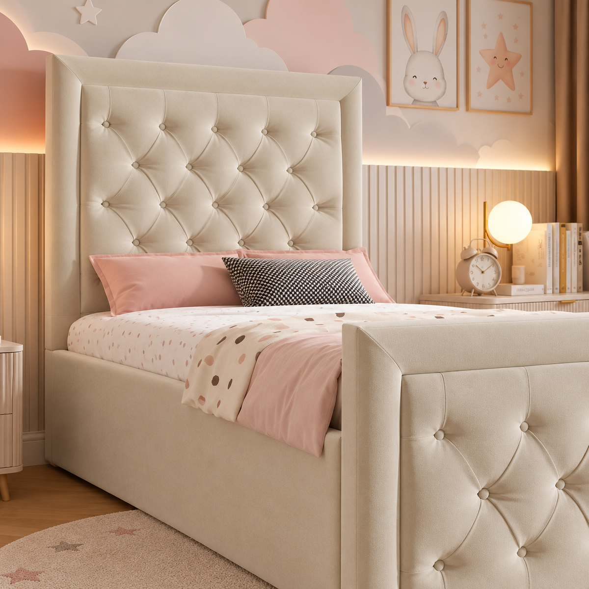 Honeybell Kids Fabric Bed Frame, headboard detail – room visualisation