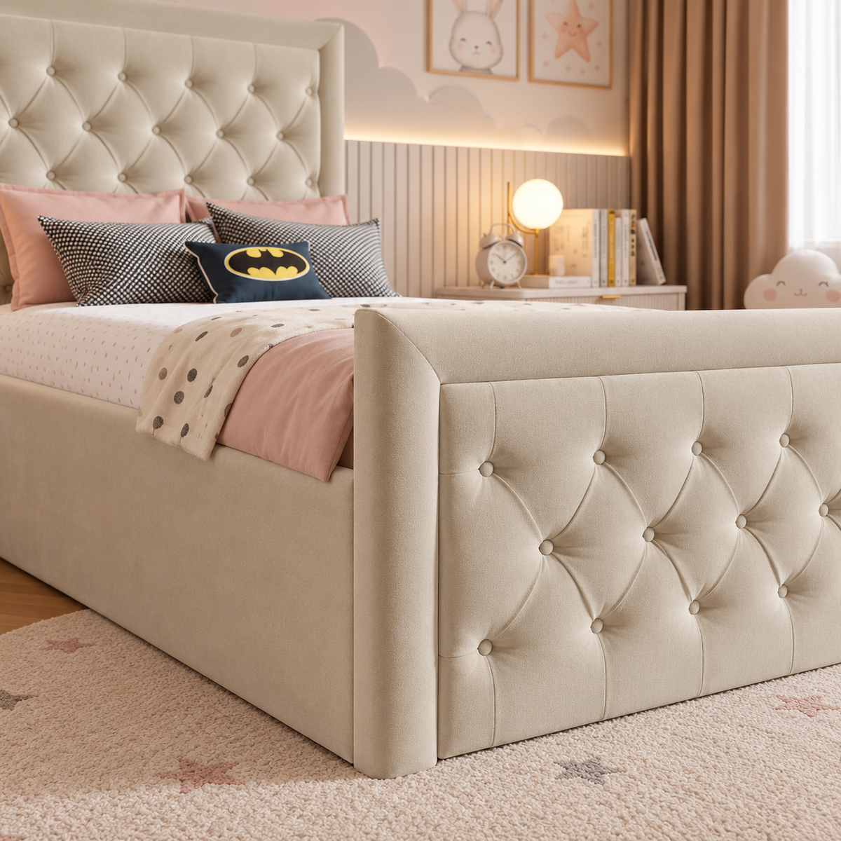 Honeybell Kids Fabric Bed Frame, footboard and side detail – room visualisation
