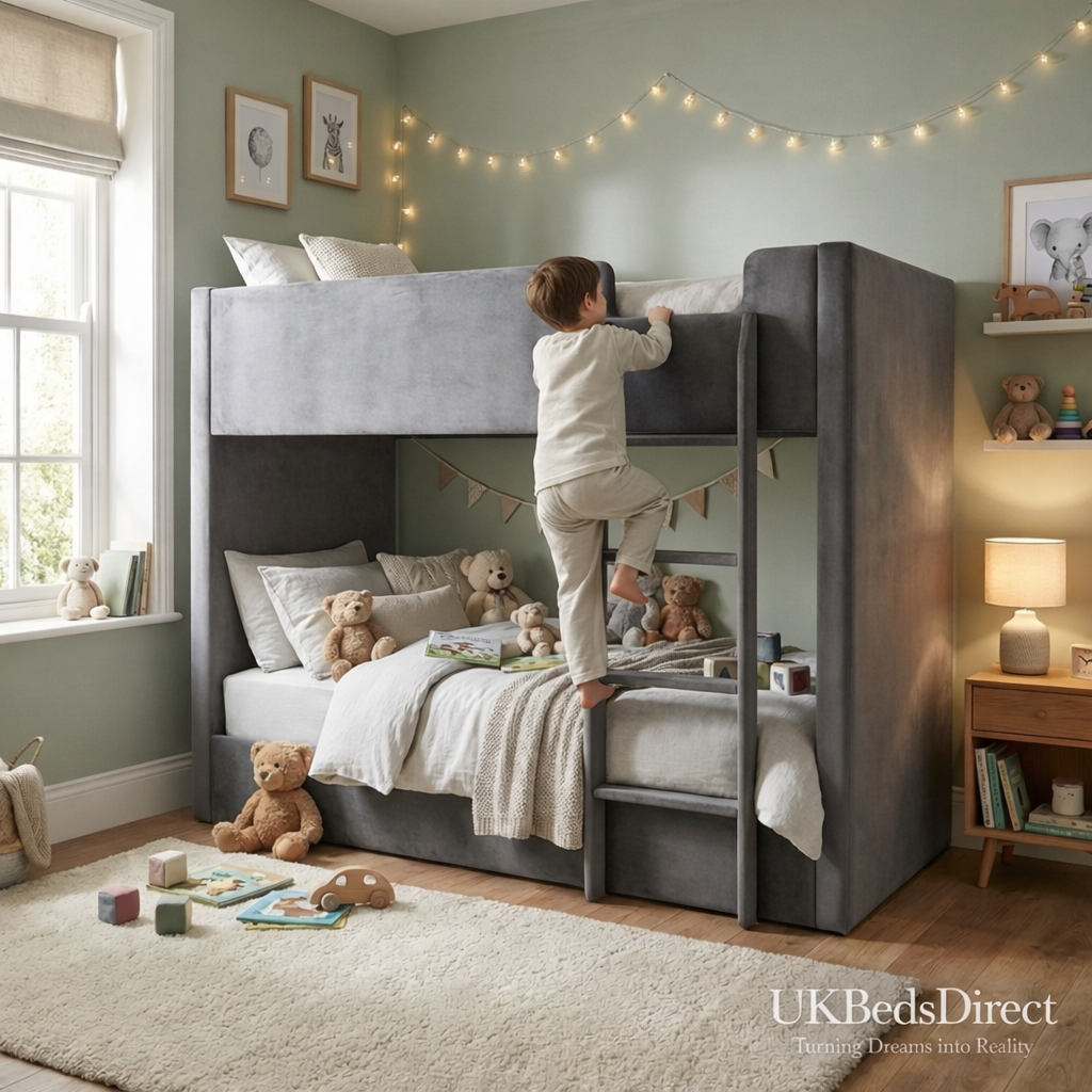 Child climbing soft upholstered bunk bed ladder in safe kids bedroom
