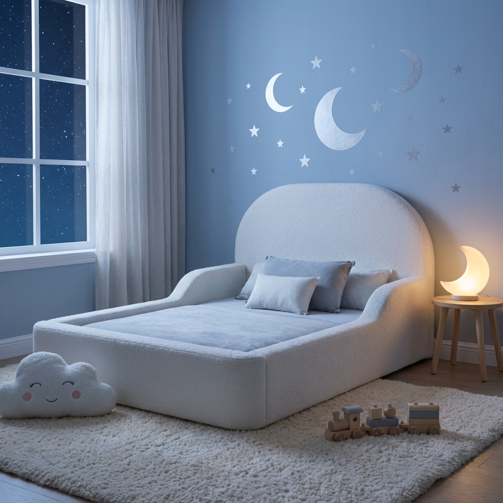 LunaNest kids bed in cosy bedroom with moon and stars wall design