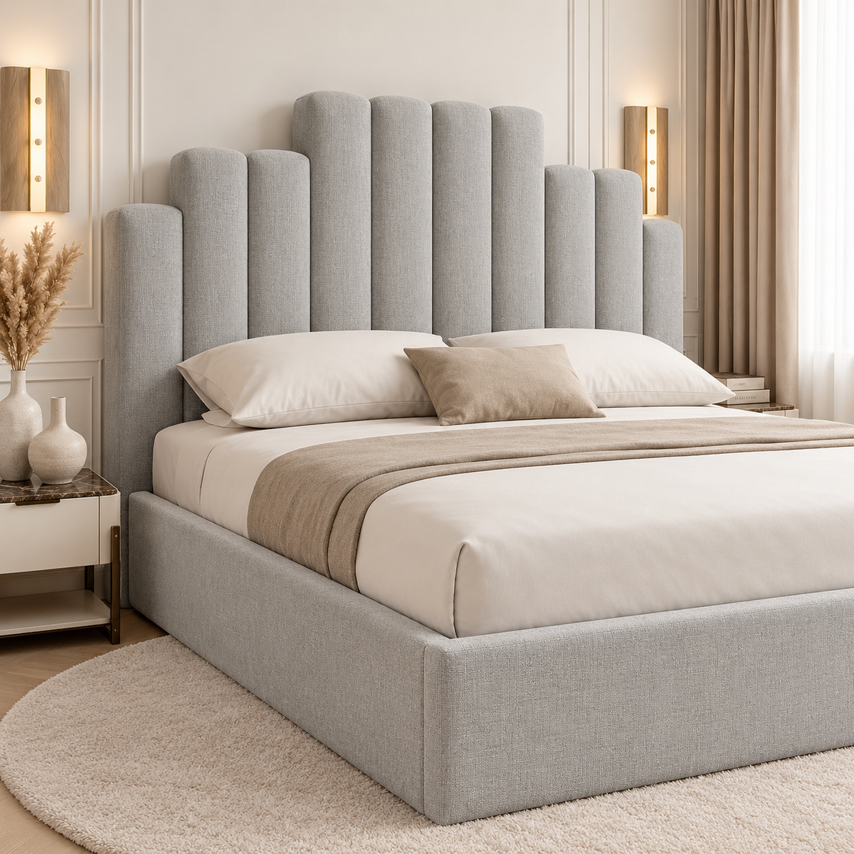 Lunar Signature Luxury Upholstered Bed Frame, headboard detail – room visualisation