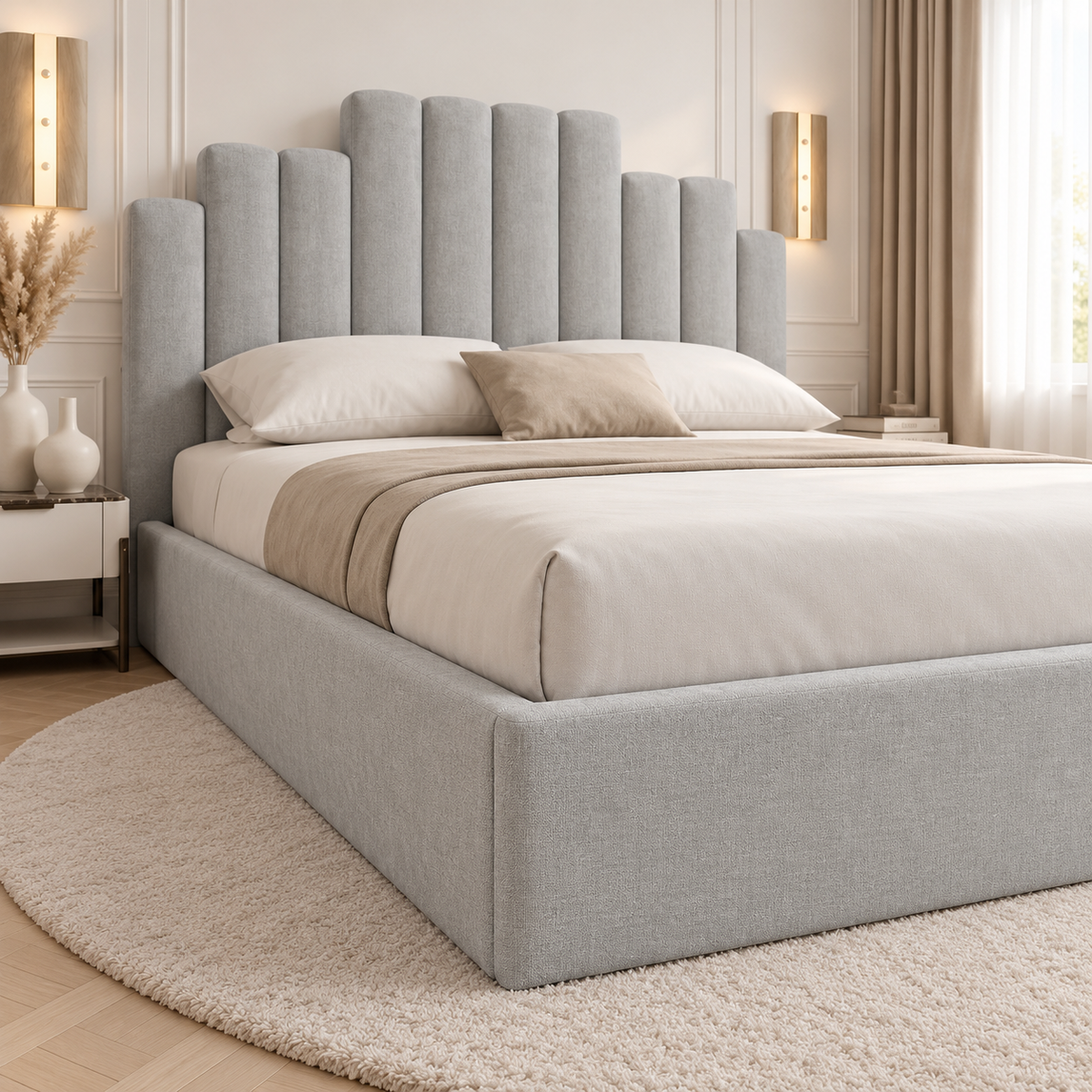 Lunar Signature Luxury Upholstered Bed Frame, footboard and side detail – room visualisation