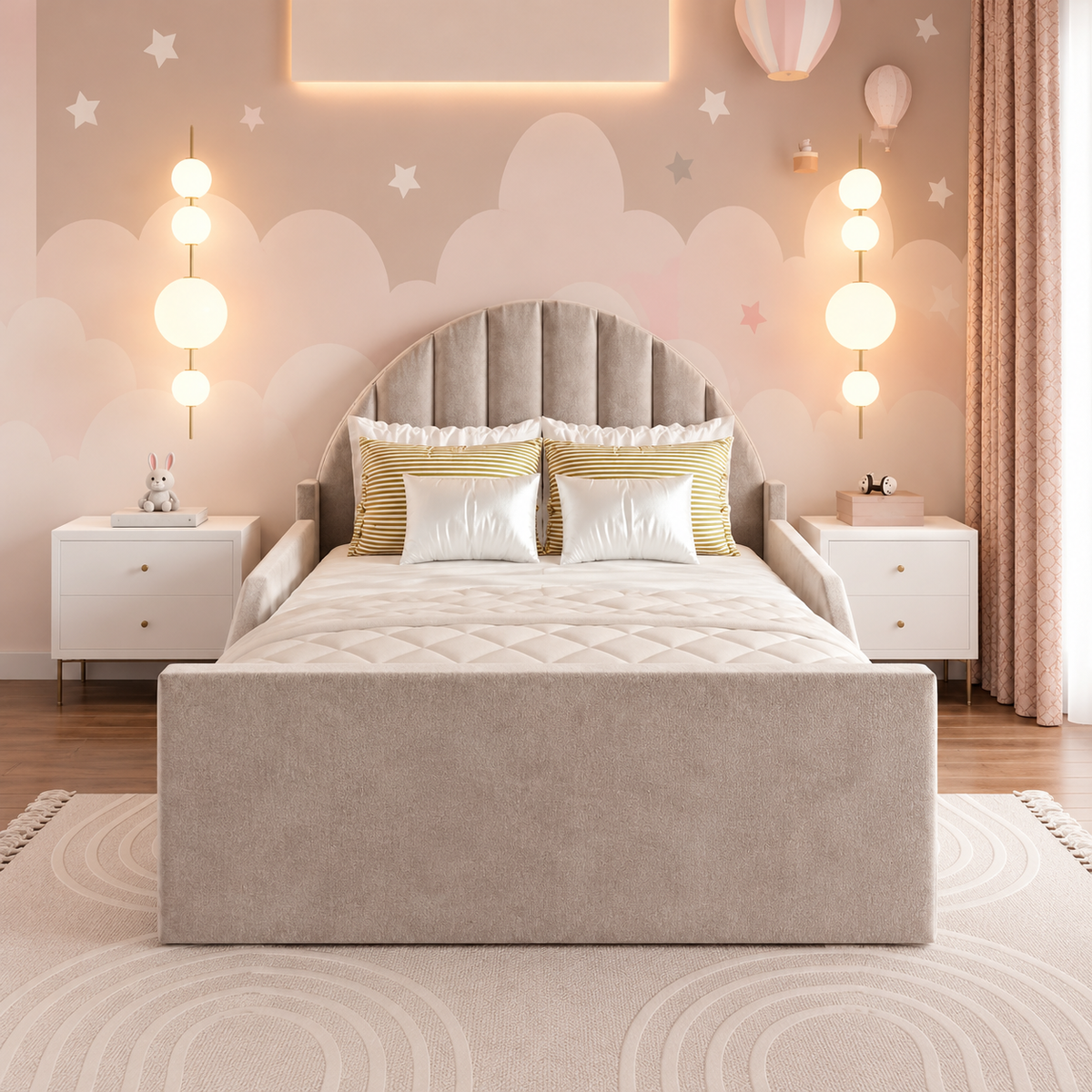 Moonbeam Kids Upholstered Bed, front view – room visualisation