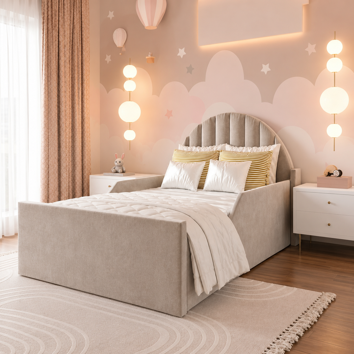 Moonbeam Kids Upholstered Bed, opposite angle – room visualisation