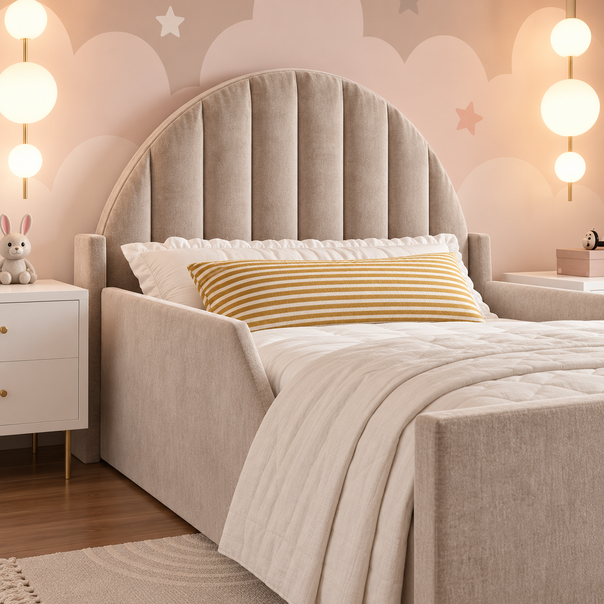 Moonbeam Kids Upholstered Bed, headboard detail – room visualisation