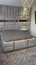 SilverLine Wall Panel Bed – Modern Upholstered Bed Frame with Sleek Silver Strip